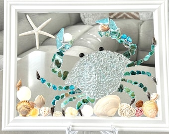Sea Glass Crab Wall Art, Coastal Beach House Decor, Handmade Shell Mosaic, 15x12
