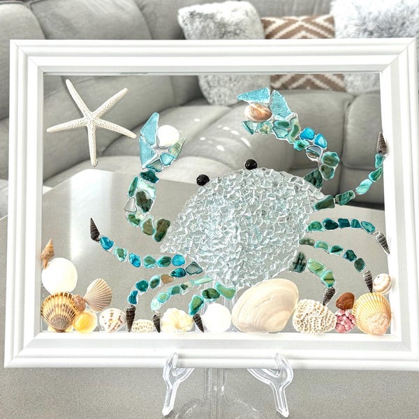 Sea Glass Crab Wall Art, Coastal Beach House Decor, Handmade Shell Mosaic, 15x12