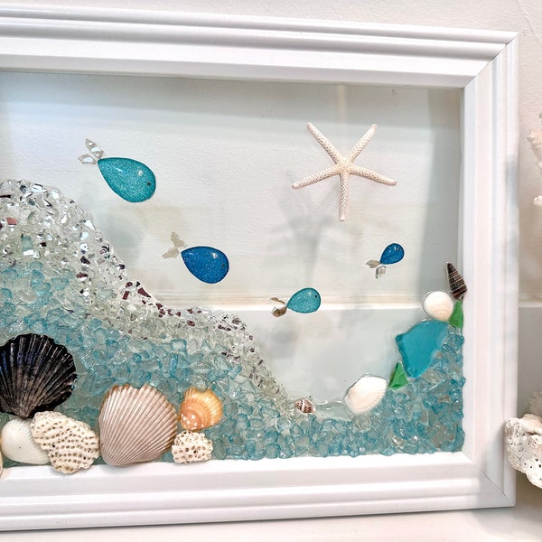 Beach decor, sea glass art, bathroom art, beach house, beach glass, mothers day, housewarming, coastal decor, beach wedding, wall art, fish