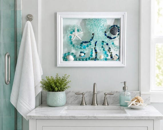 Sea Glass Octopus Wall Art, Handmade Coastal Decor, Framed Shell Mosaic, Beach House Wall Hanging, Nautical Gift, 15x12