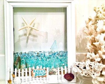 Custom coastal, Personalized beach, wedding gift, Beach Art, Coastal Decor, Sailboat Starfish Frame, sea glass framed art