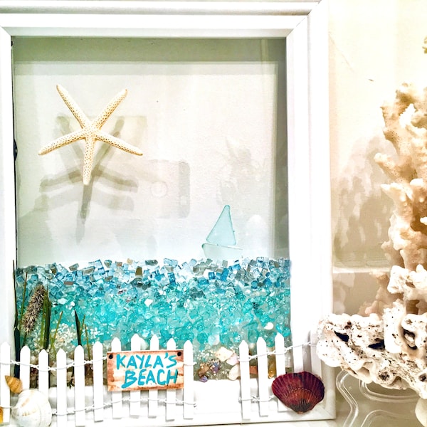 Custom coastal, Personalized beach, wedding gift, Beach Art, Coastal Decor, Sailboat Starfish Frame, sea glass framed art