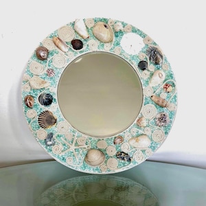 Handmade Sea Glass Shell Mirror, Coastal Beach House Bathroom Decor