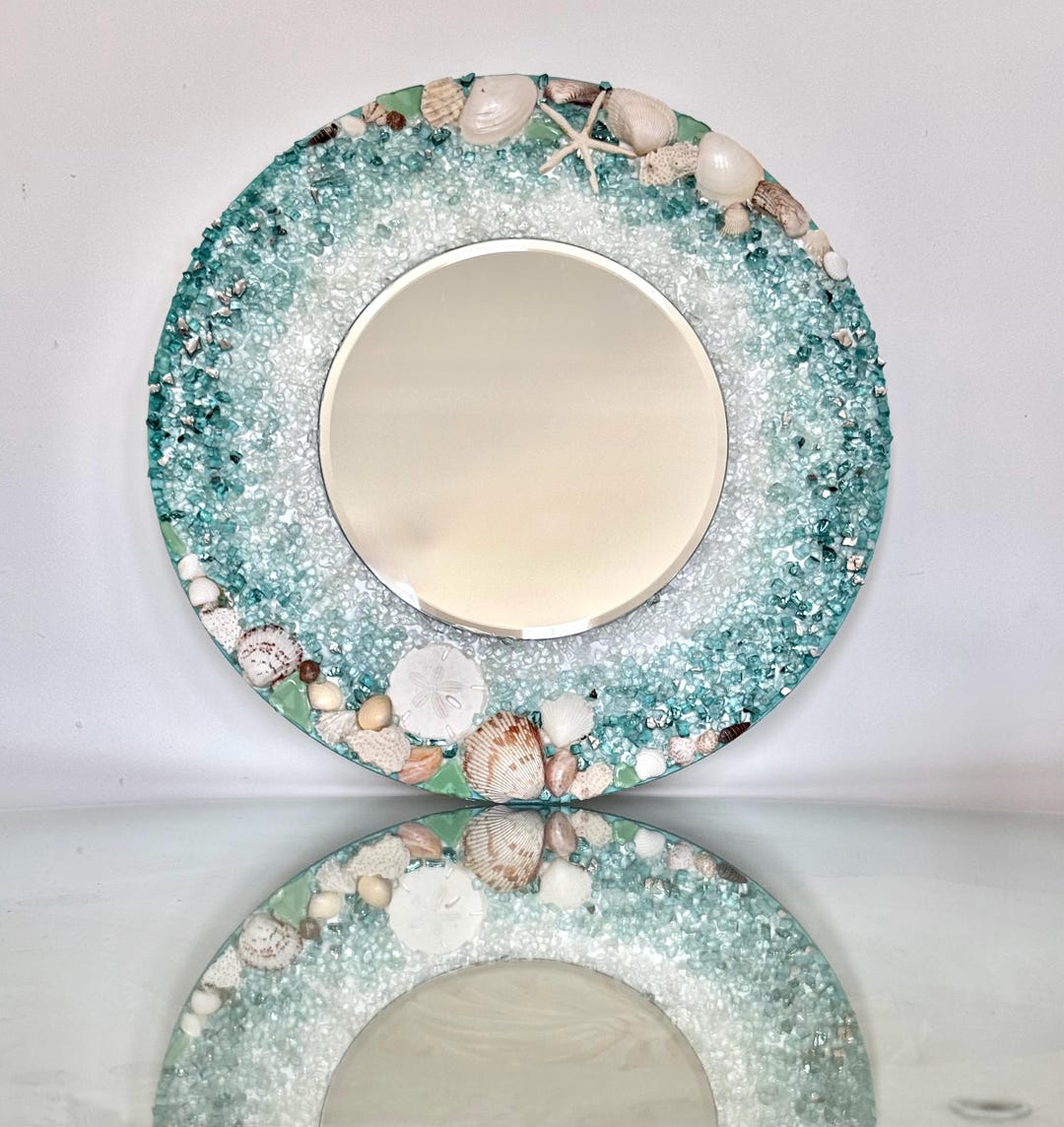 Coastal Wall Mirror, 18”, Sea Glass Art, Beach Decor, Sand Dollar ...