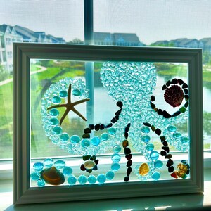 Sea Glass Octopus Wall Art, Handmade Coastal Decor, Framed Shell Mosaic, Beach House Wall Hanging, Nautical Gift, 15x12 image 5