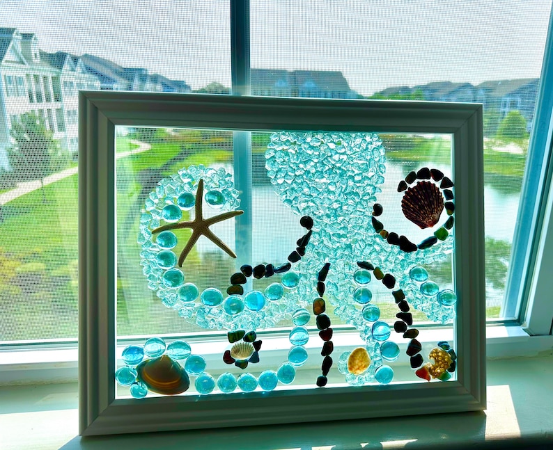 Sea Glass Octopus Wall Art, Handmade Coastal Decor, Framed Shell Mosaic, Beach House Wall Hanging, Nautical Gift, 15x12 image 5