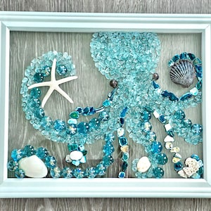 Sea Glass Octopus Wall Art, Handmade Coastal Decor, Framed Shell Mosaic, Beach House Wall Hanging, Nautical Gift, 15x12 image 4