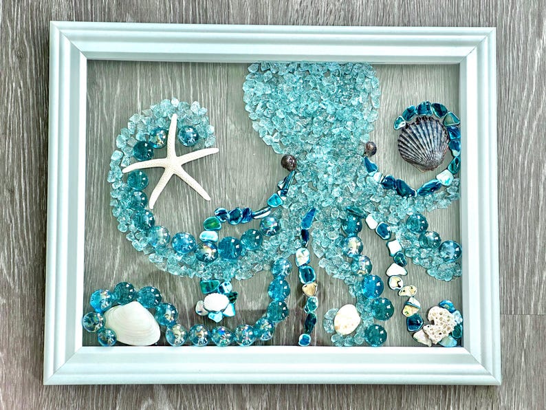 Sea Glass Octopus Wall Art, Handmade Coastal Decor, Framed Shell Mosaic, Beach House Wall Hanging, Nautical Gift, 15x12 image 4
