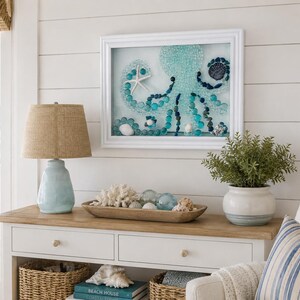 Sea Glass Octopus Wall Art, Handmade Coastal Decor, Framed Shell Mosaic, Beach House Wall Hanging, Nautical Gift, 15x12 image 9