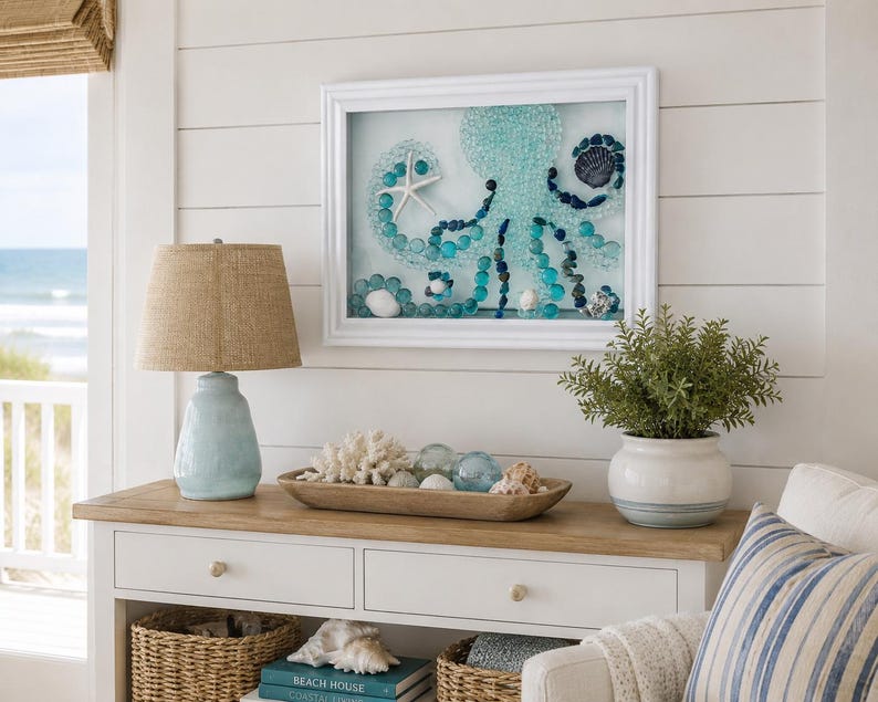 Sea Glass Octopus Wall Art, Handmade Coastal Decor, Framed Shell Mosaic, Beach House Wall Hanging, Nautical Gift, 15x12 image 9