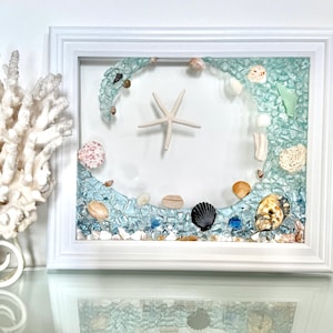 Sea glass art, wave art, beach glass, coastal decor, unique beach decor, housewarming, birthday gift, beach house, beach wedding, shell art