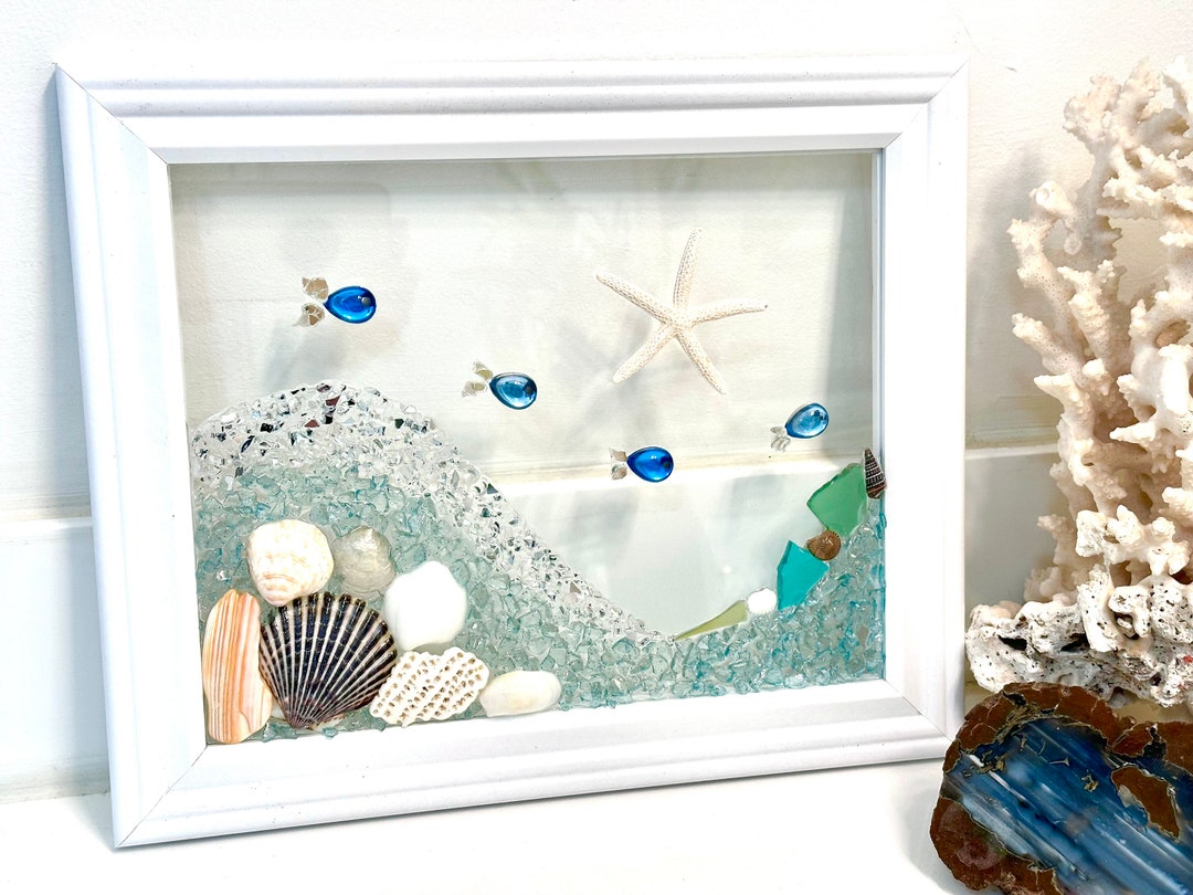 Beach Glass Decor, Sea Glass Art, Framed Wall Decor, Wave Wall Art ...