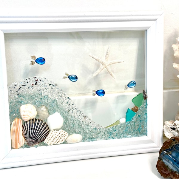 Beach Glass decor, Sea glass art, Framed wall decor, Wave Wall Art, Beach Lovers Gift, birthday gift, fish art, bathroom art, beach house