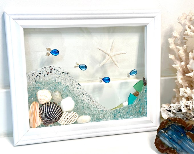 Beach Glass decor, Sea glass art, Framed wall decor, Wave Wall Art, Beach Lovers Gift, birthday gift, fish art, bathroom art, beach house