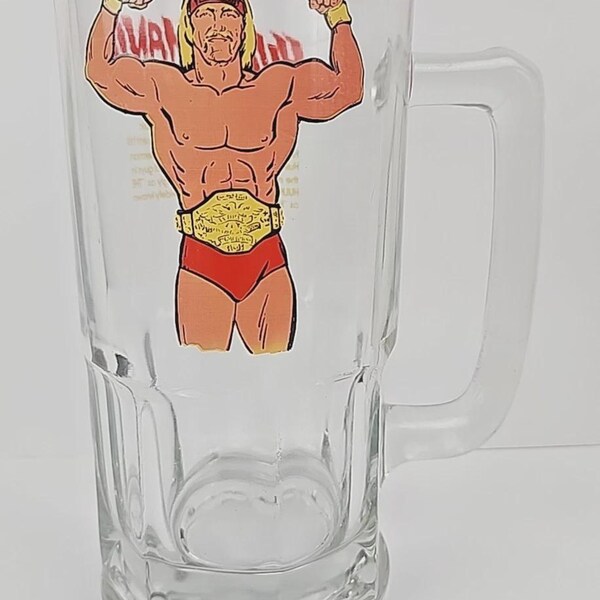 Vintage WWF Hulk Hogan 1985 Hulkamania Glass Mug Titan Sports 32oz Stein 8"