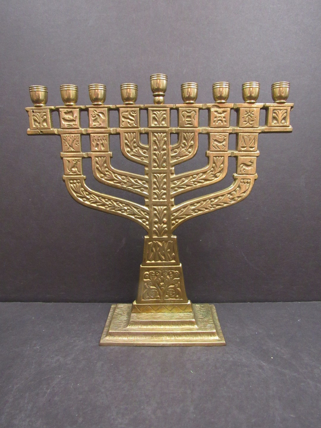 Brass 9 Candle Menorah for Hanukkah Engraved Design Made in Etsy