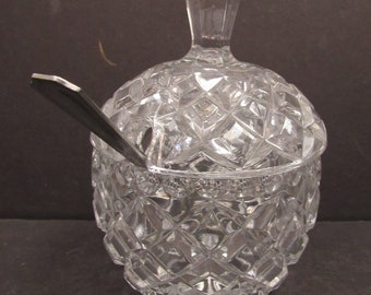 Crystal Sugar Jam Condiment Bowl with Spoon Pineapple Shaped 4-3/4" Tall