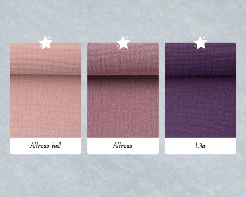 May include: Three fabric swatches in different shades of pink and purple. The swatches are labeled "Altrose hell", "Altrose", and "Lila".