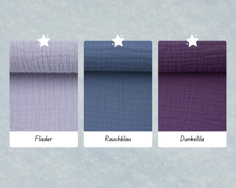 May include: Three fabric swatches in different colors: a light purple, a dark blue, and a dark purple. The swatches are labeled "Flieder", "Rauchblau", and "Dunkellila".