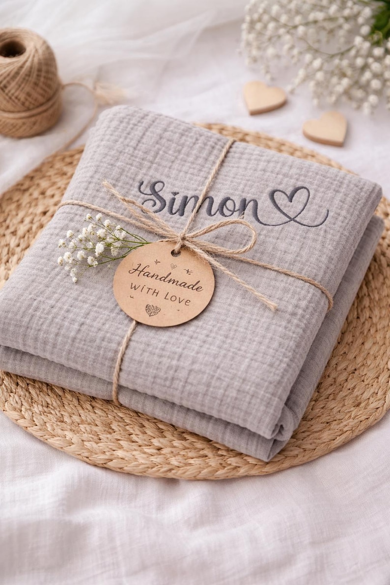 May include: A folded light gray muslin blanket featuring the embroidered name Simon and a heart symbol. The blanket is tied with twine and includes a round cardboard tag printed with the text Handmade WITH LOVE and a small heart icon.