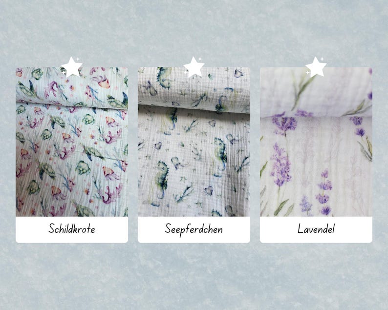 May include: Three fabric swatches with different patterns. The first swatch features a white background with a watercolor design of sea turtles, seahorses, and coral. The second swatch features a white background with a watercolor design of seahorses. The third swatch features a white background with a watercolor design of lavender flowers. The swatches are labeled "Schildkrote", "Seepferdchen", and "Lavendel".