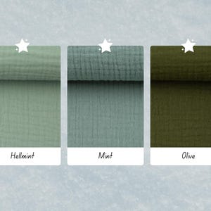 May include: Three fabric swatches in different shades of green:  Hellmint, Mint, and Olive.