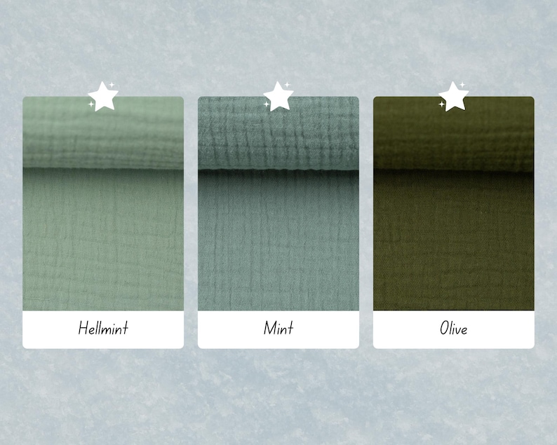 May include: Three fabric swatches in different shades of green:  Hellmint, Mint, and Olive.