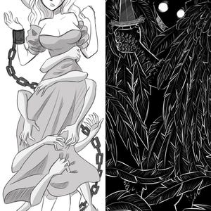 Può includere: Illustrazione in bianco e nero di una donna circondata da braccia e catene. A destra, una figura oscura con occhi luminosi tiene un pugnale, circondata da piume stilizzate. L'opera d'arte ha un tema gotico o fantasy.
