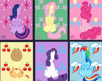 May include: Six colorful cartoon illustrations of My Little Pony characters. Each pony is depicted in a unique pose with a matching background. The ponies are in various colors, including pink, purple, yellow, and blue.