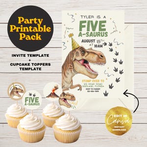Five A-Saurus Birthday Party Printable Pack, Dinosaur 5th Birthday Invite, Dino Cupcake Toppers, Editable Canva Template (Digital Downloads)