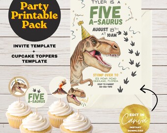 5つのA-Saurus誕生日パーティー用印刷可能パック、恐竜5歳の誕生日招待状、恐竜カップケーキトッパー、編集可能なCanvaテンプレート（デジタルダウンロード）