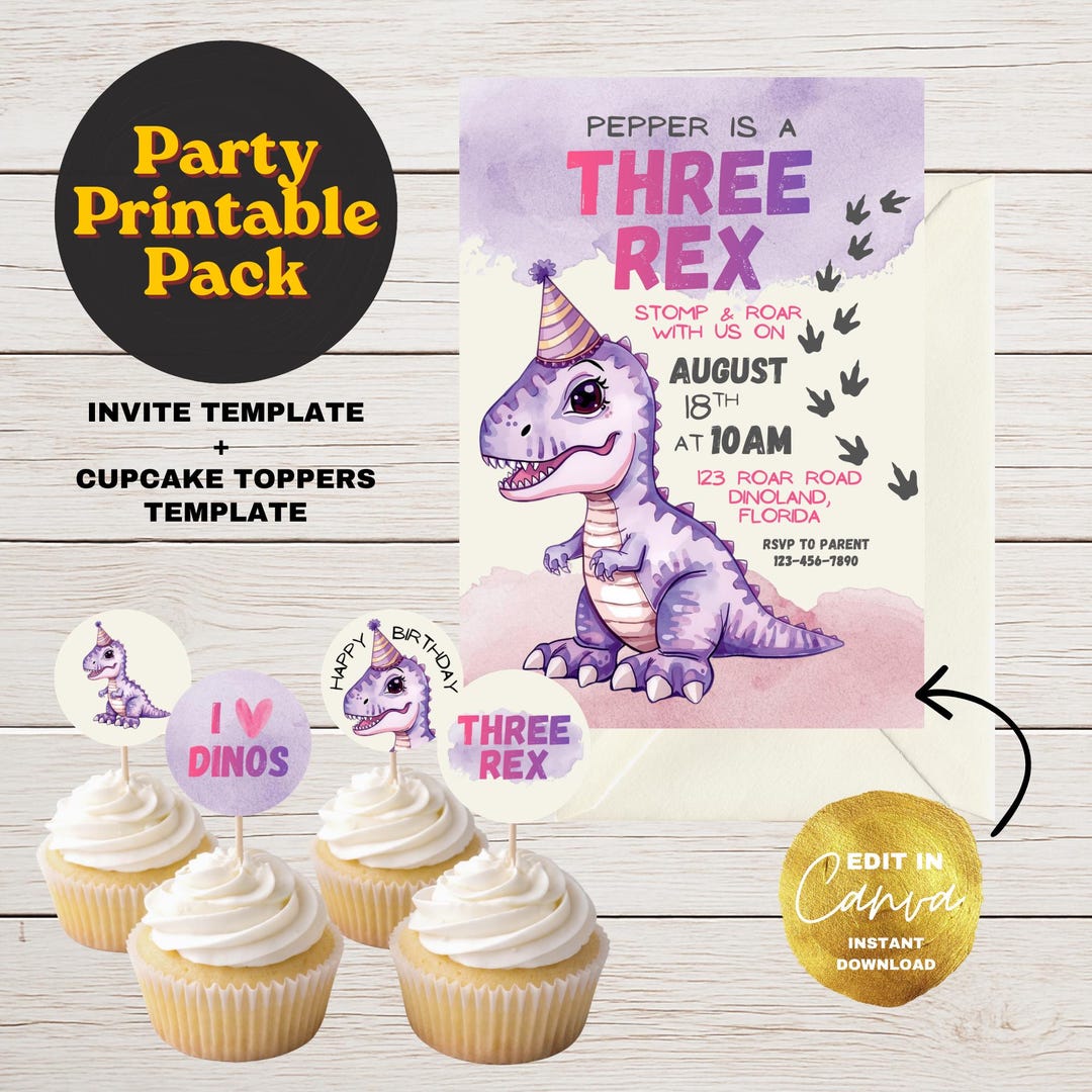 Three Rex Birthday Party Printable Pack, Dinosaur 3rd Birthday Invite ...