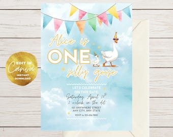 Silly Goose の誕生日招待状：Silly Goose の 1 歳の誕生日、編集可能な Canva テンプレート (デジタルダウンロード)