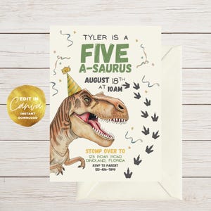 May include: A dinosaur-themed birthday invitation with the text "Tyler is a Five A-Saurus". The invitation features a watercolor illustration of a Tyrannosaurus Rex wearing a party hat. Includes event details and RSVP information.