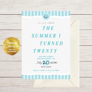 The Summer I Turned Twenty Invitation | Coastal Birthday Invitation | Editable Canva Template | 20th Birthday Party Digital Download