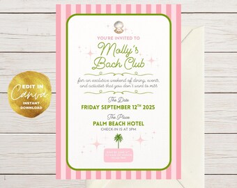 カスタマイズ可能な独身パーティー招待状 | Palm Royale Bach Club Canvaテンプレート | 編集可能な週末旅行招待状
