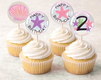 ビーチカップケーキトッパー2個、ダウンロード無料、2歳の誕生日用カップケーキテンプレート、2歳の誕生日パーティーのデコレーション、ビーチパーティー用印刷物