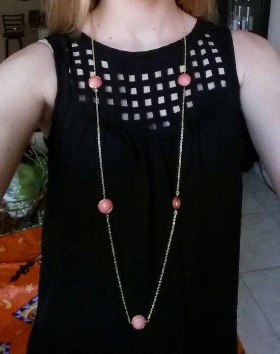 Items similar to Long Pink Charm Necklace on gold chain on Etsy