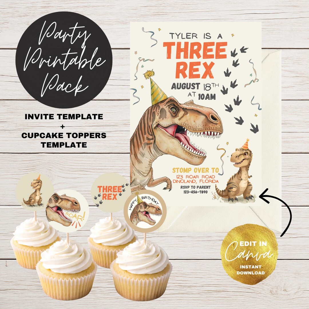 Three Rex Birthday Party Printable Pack, Dinosaur 3rd Birthday Invite ...