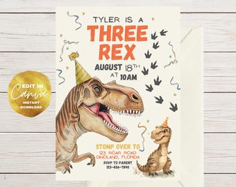 スリーレックスの誕生日招待状、恐竜の3歳の誕生日招待状、恐竜パーティーの印刷可能、編集可能なCanvaテンプレート（すぐにダウンロード可能）