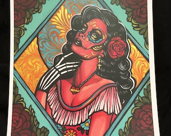 Dag van de dode suikerschedel met de hand verfraaide kunstprint, 8 x 10 handgeschilderde details in elke print