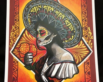 Dag van de dode suikerschedel met de hand verfraaide kunstprint, 8 x 10 handgeschilderde details in elke print