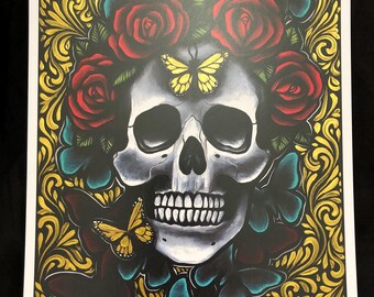 Dag van de dode suikerschedel met de hand verfraaide kunstprint, 8 x 10 handgeschilderde details in elke print
