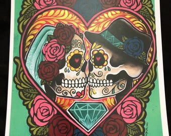 Dag van de dode suikerschedel met de hand verfraaide kunstprint, 8 x 10 handgeschilderde details in elke print