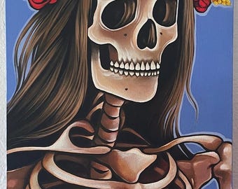 day of the dead art original painting on canvas 12x30 skeleton skull sugar skull