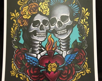 Dag van de dode suikerschedel met de hand verfraaide kunstprint, 8 x 10 handgeschilderde details in elke print