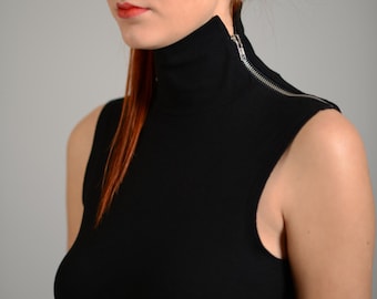 Mouwloze bodycon-jurk met col: zwarte katoenmix