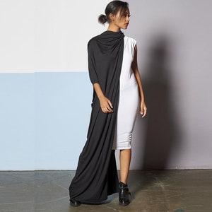 Avant-Garde Black and White Asymmetric Hem Casual Dress, Plus Size Dystopian Style for Extravagant Fall Events & Fashion Statement