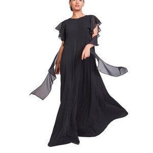 Black Long Rave Gown with Chiffon Detail, Goth Women Maxi Dress, Sleeveless Formal Dress, Plus Size Clothing, Sleeveless Tank Dress