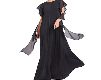 Longue robe rave noire avec détails en mousseline de soie, robe longue gothique pour femme, robe de soirée sans manches, vêtements grande taille, robe débardeur sans manches